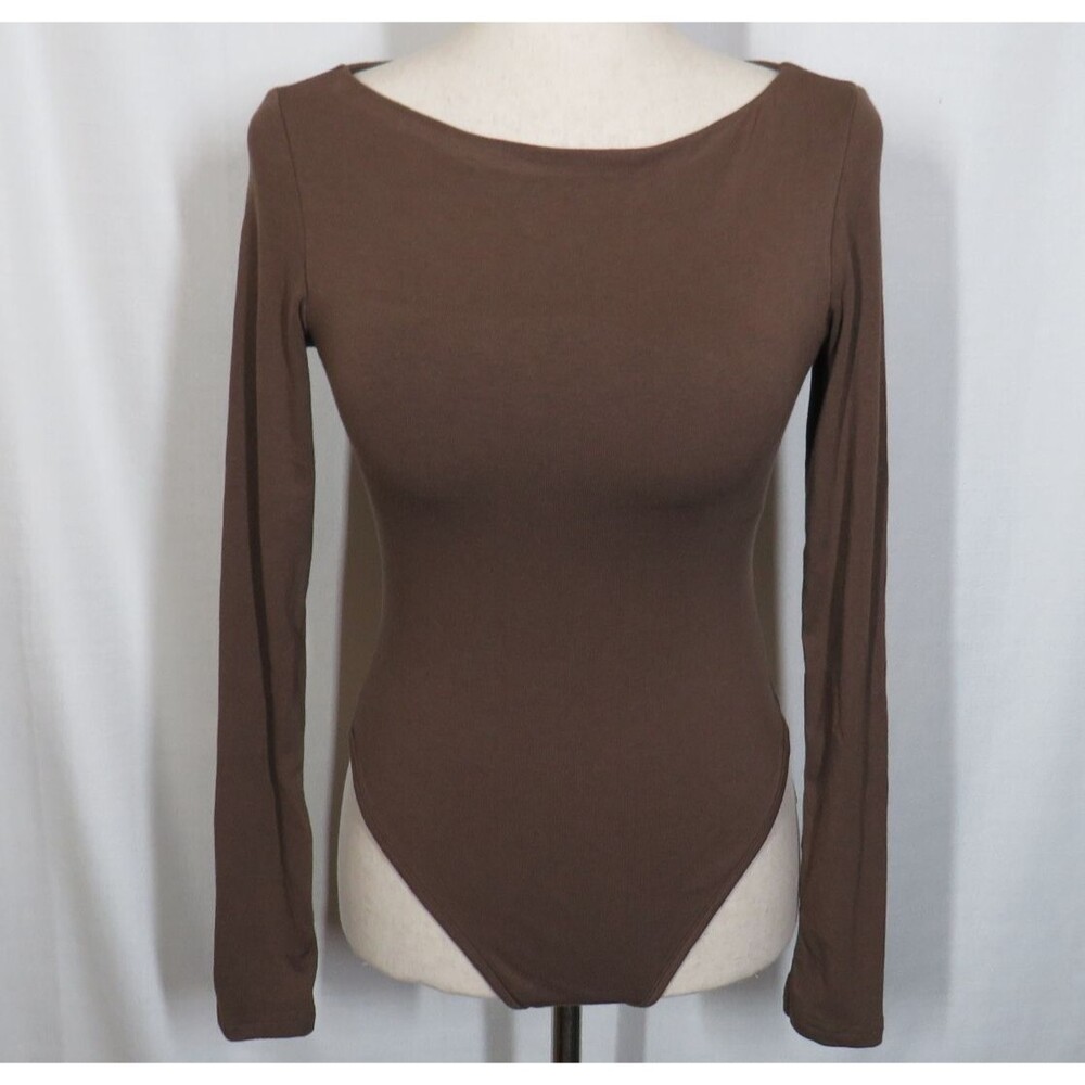OGL Brown Soft Stretchy Long Sleeve Thong Padded Brami Bodysuit Size Small - Picture 3 of 7